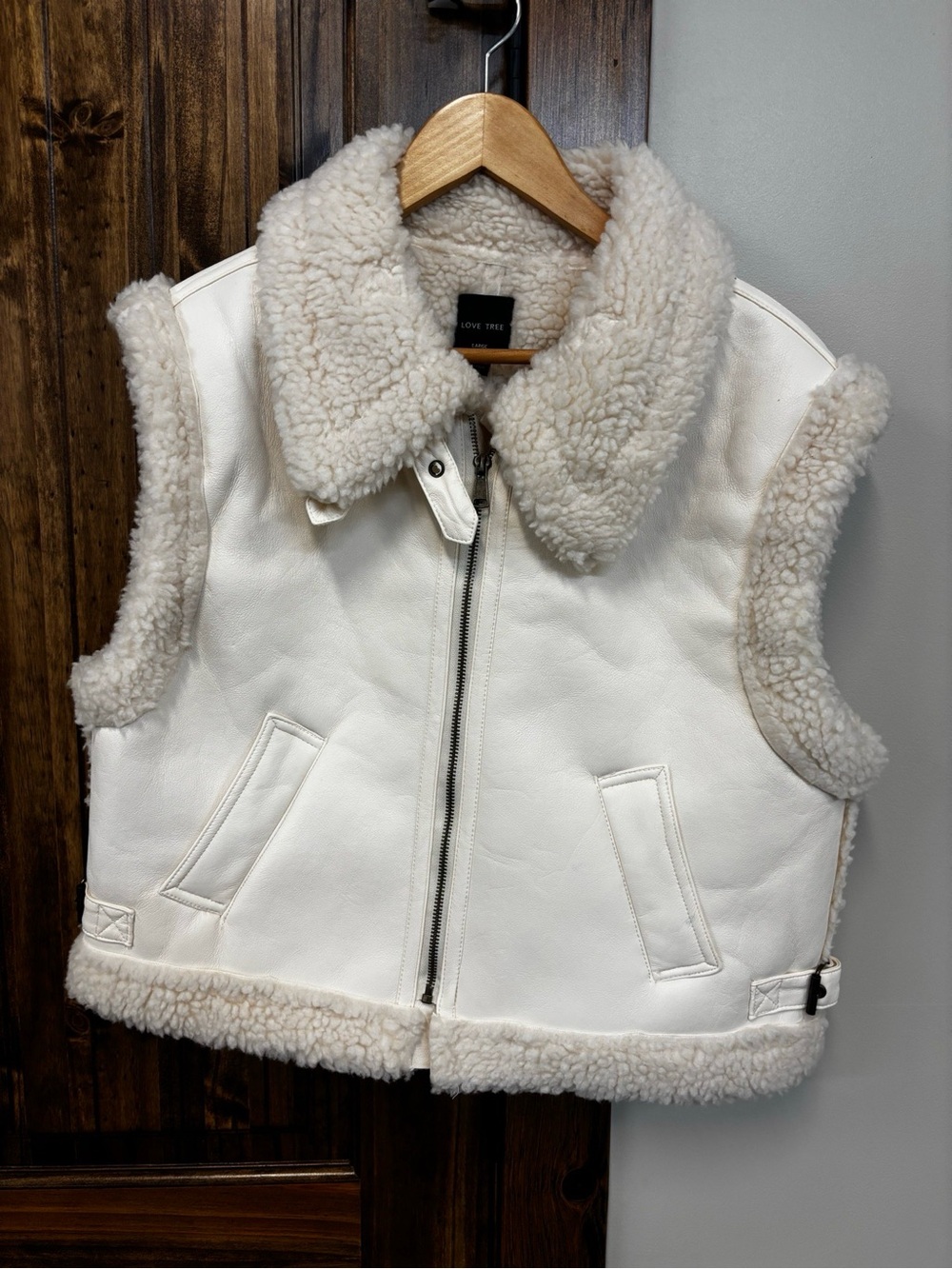 Love Tree Cream Sherpa-Trim Faux Leather Vest